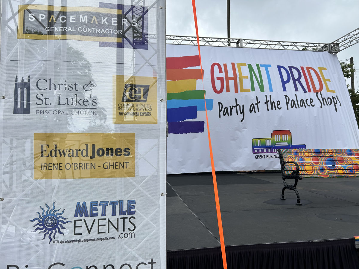 Ghent pride banner and stage with csl logo